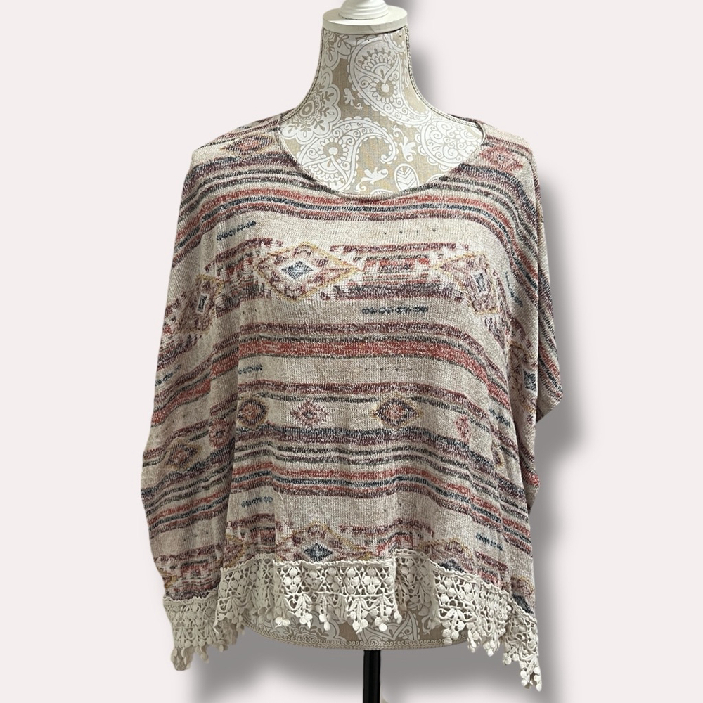 American Rag Aztec Poncho Top S/M Boho Crochet Lace Hem Oversized USA